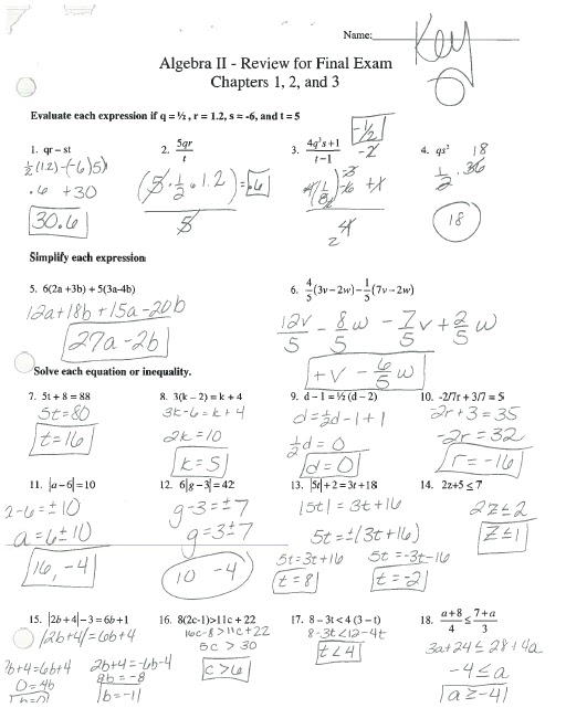 Algebra Worksheet With Answer Keys